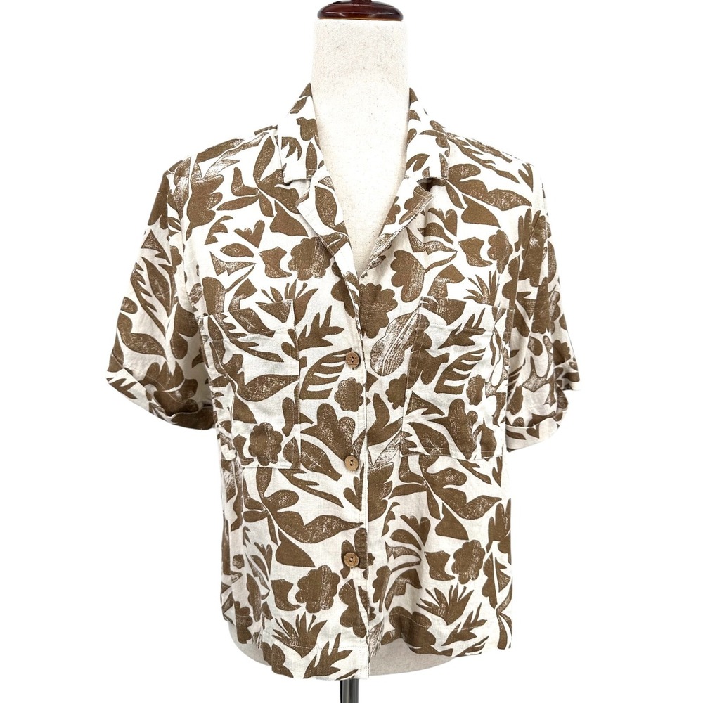 Carve Designs Linen Button-up Shirt Brown Floral Short Sleeve Size Medium Boxy